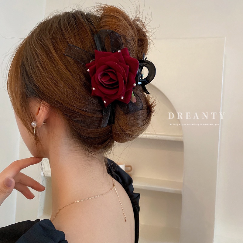 Kẹp Tóc Cá Mập Đính Đá Hình Nơ Hoa Hồng Kiểu Pháp Cổ Điển