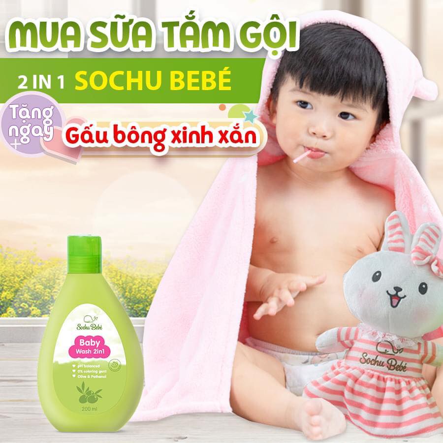 Combo 2 Chai Sữa Tắm Gội 2 Trong 1 (Baby Wash 2 In 1) Sochu Bebé Dung Tích 200ml x 2 Tặng Kèm Thỏ Bông Và Hổ Bông Cho Bé