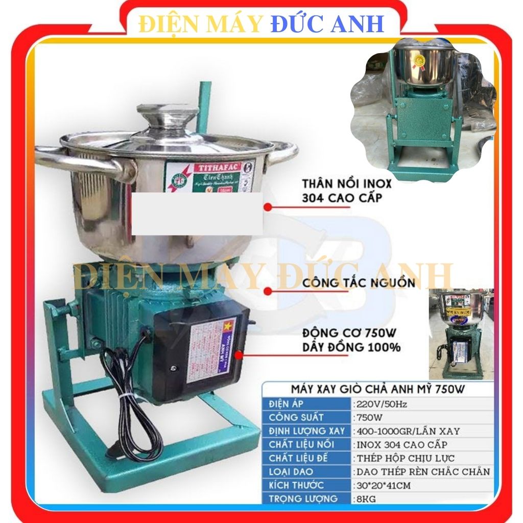 Máy cối xay thịt cá cua tôm giò chả lụa thực phẩm bằng điện đa năng 750W inox, công nghiệp quấn lõi đồng suất lớn
