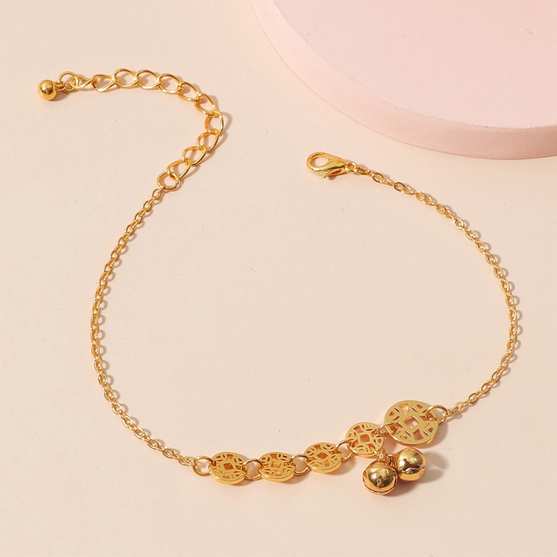 Chinese Style Copper Coin And Bead Bell Anklet For Women And Girls Gold Rose Gold Color Anklet Length 20+6cm