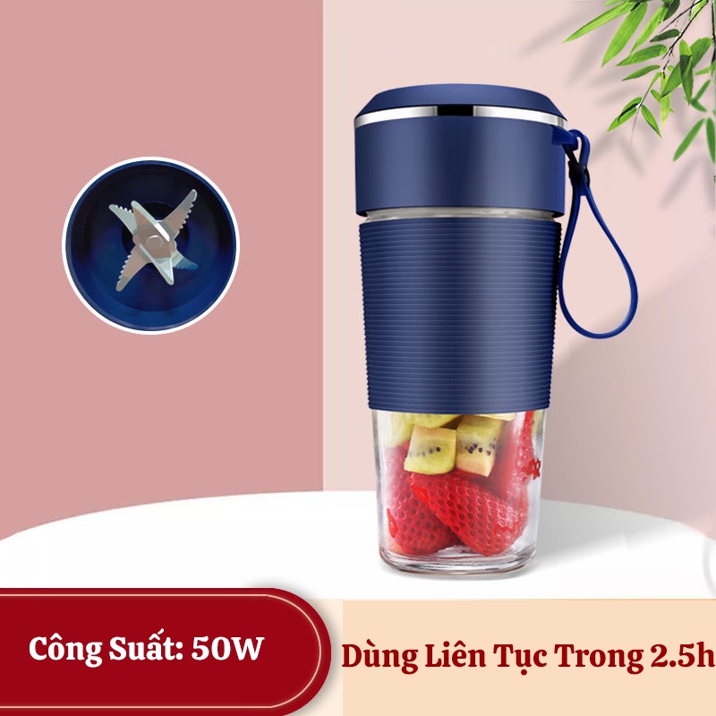 Máy Xay Sinh Tố Cầm Tay Mini Đa Năng JUICER Bình Thủy Tinh Dung Tích 400mL,Pin 2000mA Sạc USB