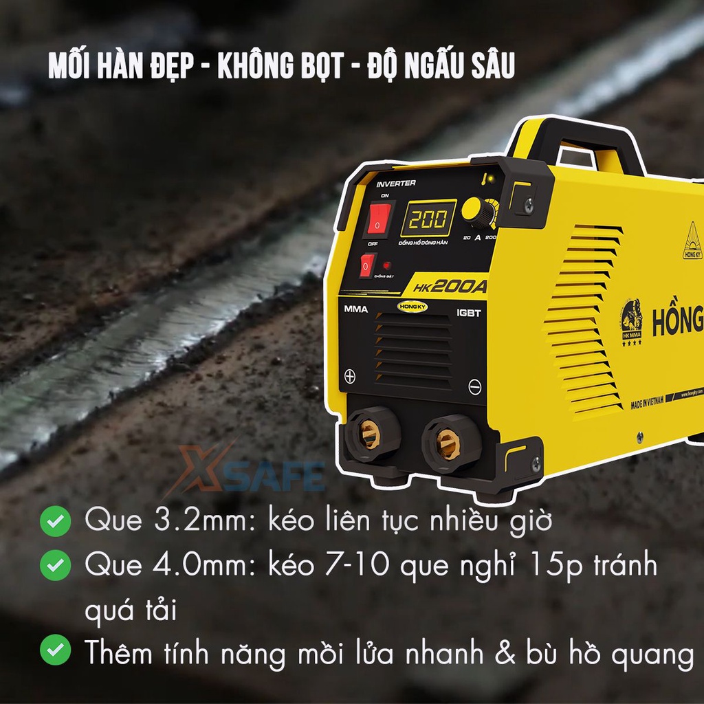 Máy hàn điện tử mini Hồng Ký HK200A 2021 công suất 10.3 KVA, công nghệ IGBT, chế độ chống giật, chống quá tải, quá nhiệt