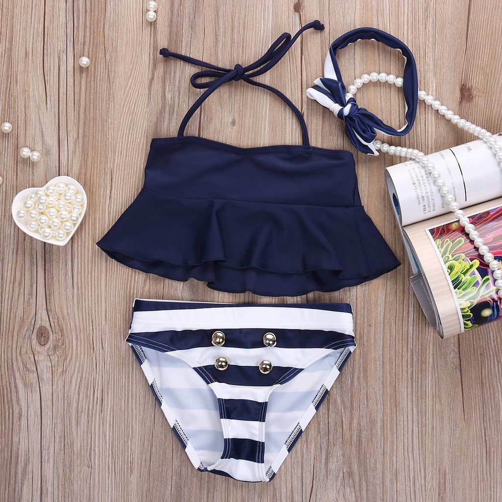 Bộ bikini màu xanh navy thời trang cho bé gái