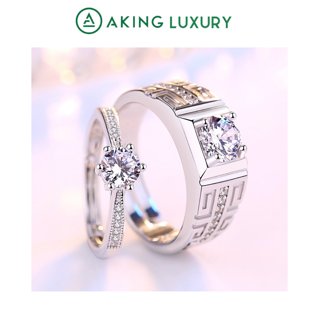 Nhẫn đôi AKING LUXURY AK16 cao cấp, nhẫn bạc nam họa tiết khỏe khoắn, nhẫn bạc nữ đính đá sang trọng. Nhẫn cặp mới 2021