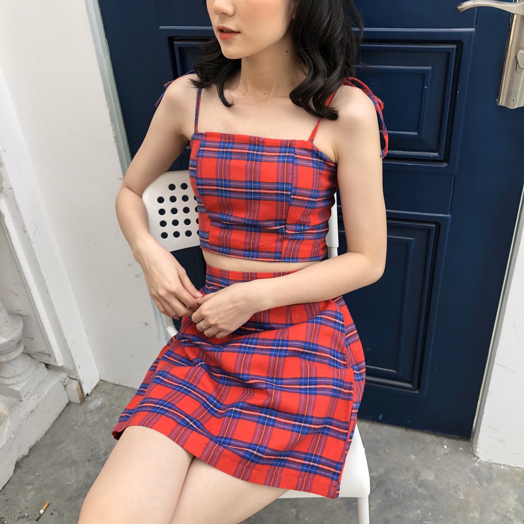 (có đệm ngực) SET ÁO CROPTOP 2 DÂY CARO THẮT NƠ MIX CHÂN VÁY KẺ CHỮ A ULZZANG