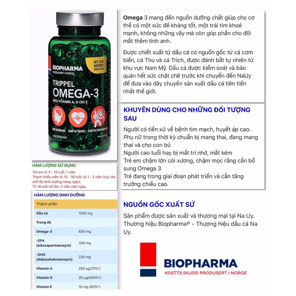 Dầu cá Omega3 Biopharma Trippel nội địa  Nauy - hộp 144 viên