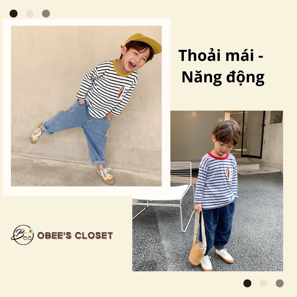 Áo thun dài tay bé trai Obee's Closet Áo thun sọc cotton cổ tròn