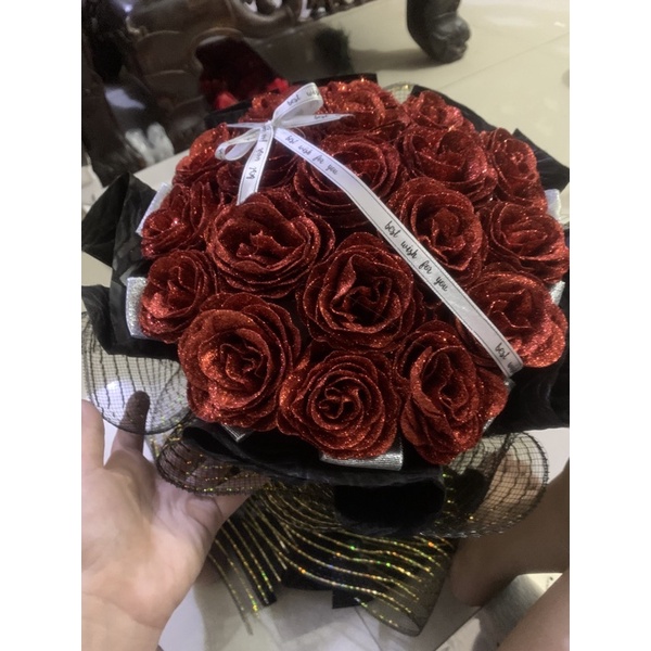 Bó hoa nhũ cao cấp phối lưới hàn siêu xinh