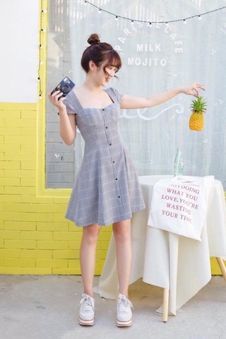 Đầm kẻ nút đen 2 màu (kèm hình thật)