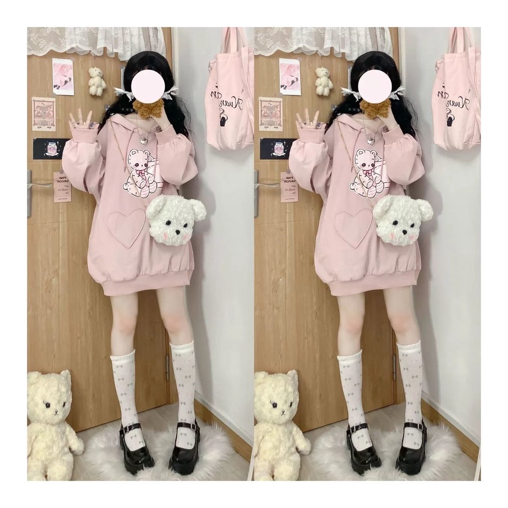 Áo Hoodie Form Rộng In Họa Tiết Dễ Thương Phong Cách Nhật Bản