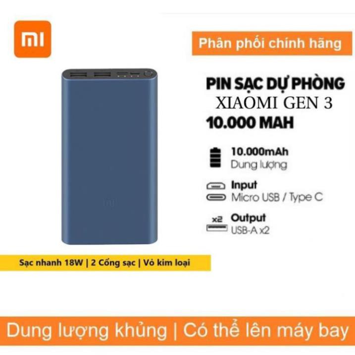 Cục Pin Sạc Dự Phòng Xiaomi Gen 3 10000mah Tích Hợp Sạc Nhanh 18w , Cổng Type C Thiết Kế Vỏ Kim Loại Cao Cấp