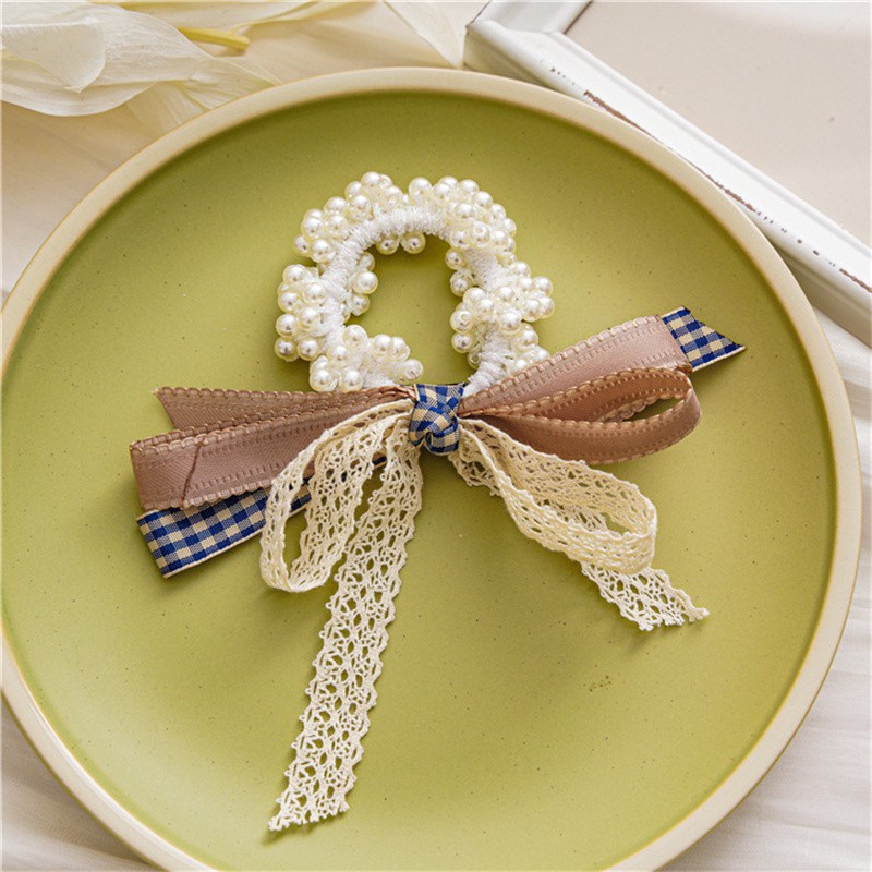 Dây Cột Tóc Co Giãn Cao Phối Ren Đính Ngọc Trai Thiết Kế Mới Thời Trang Hàn Quốc Cho Nữ