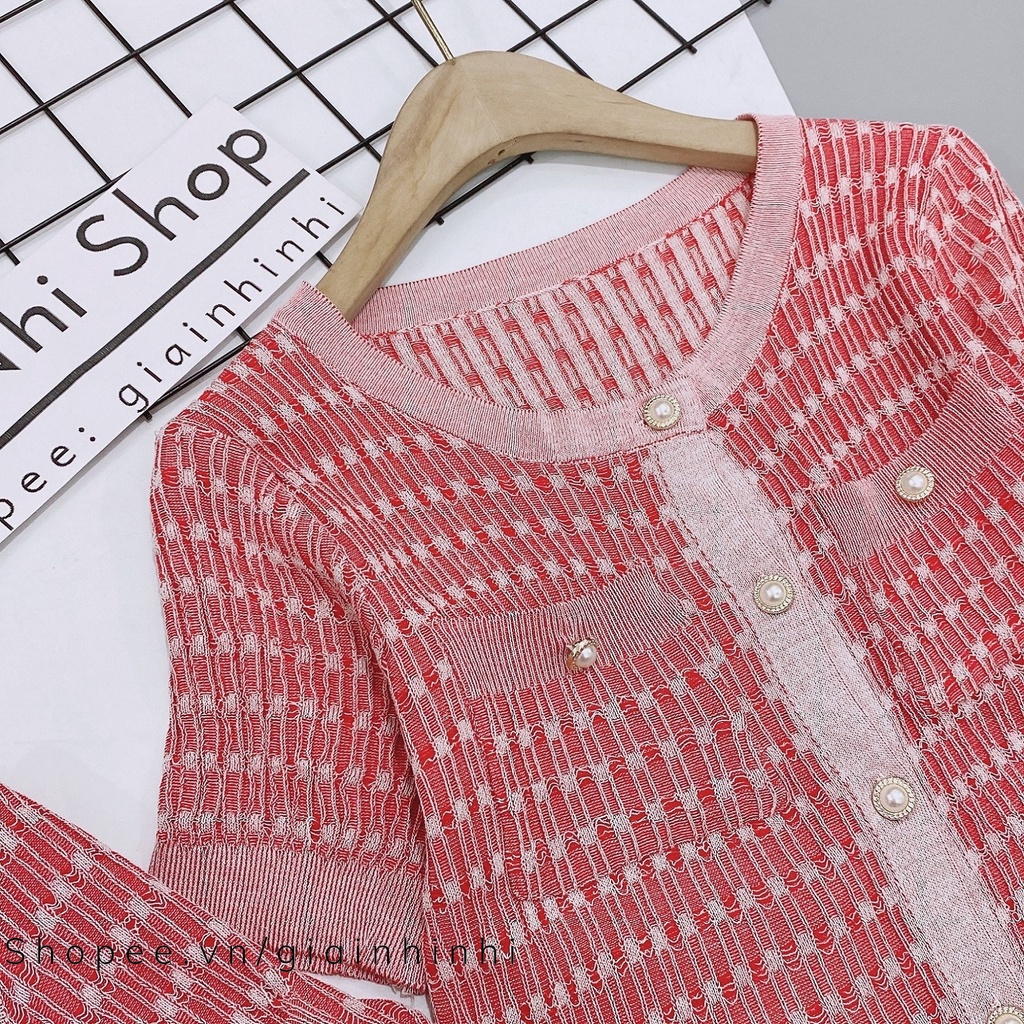 Áo len tăm túi ngực ngắn tay, Áo kiểu cúc giữa cổ tròn co giãn AL8018 - NhiNhi Shop
