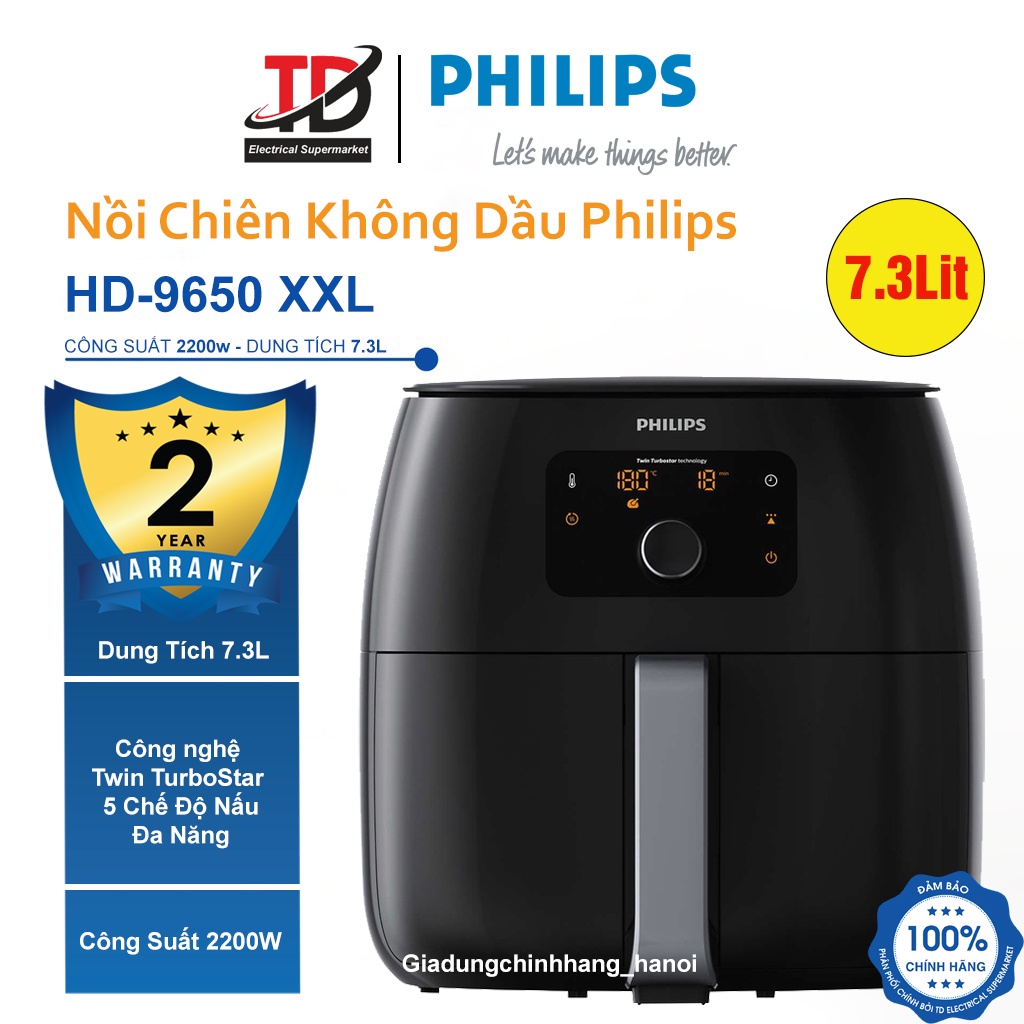 Nồi Chiên Không Dầu Điện Tử Philips Premium HD9650/91, Size XXL 7.3Lit, Công Suất 2200W, Bảo Hành Chính Hãng 2 Năm