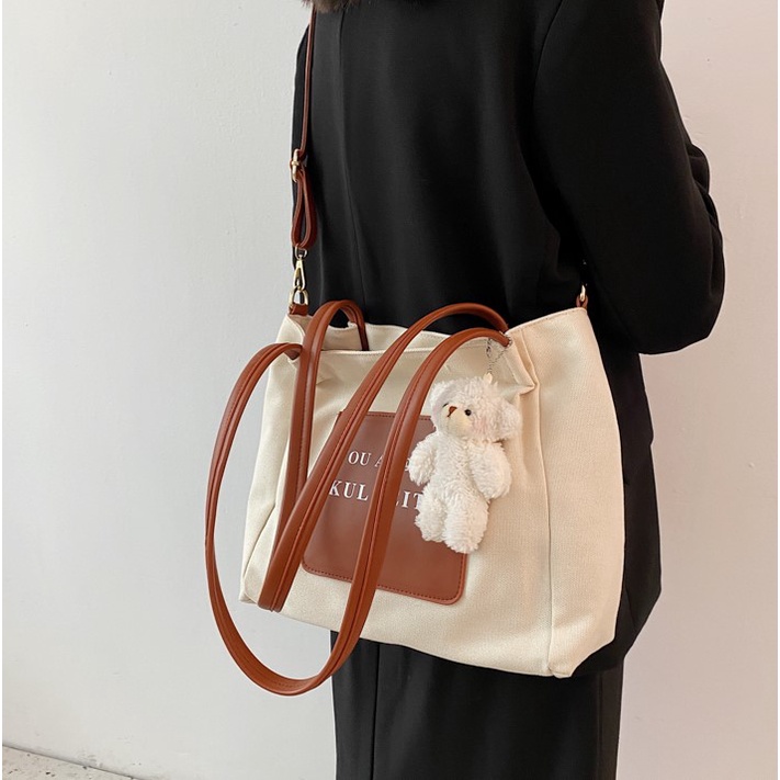 Túi tote vải cavan - túi xách nữ đeo vai, size to, phong cách vintage, retro - Tặng kèm móc khóa gấu - TX017