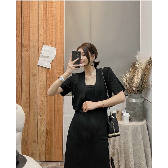 Set váy len kẻ hai dây mix áo khoác cadigan tay lỡ, dáng váy maxi dài quá gối V073