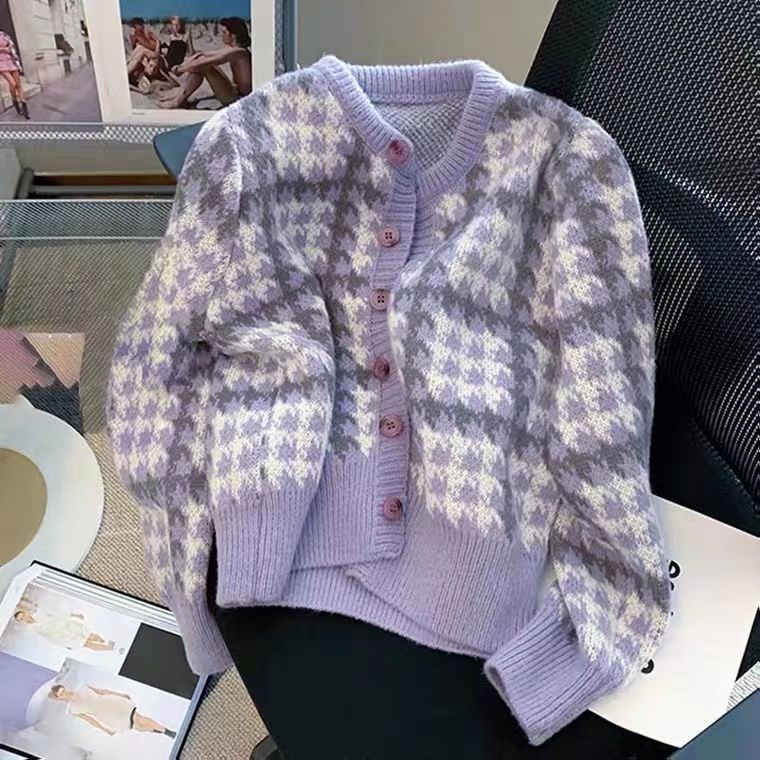 Áo Khoác Cardigan Dệt Kim Màu Tím Phong Cách Thời Trang Hàn Quốc Dành Cho Nữ