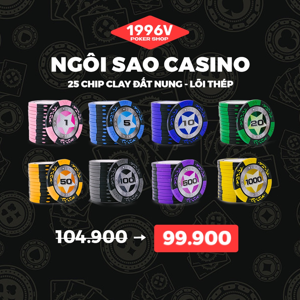 Cọc 25 chip Poker có số, phỉnh poker Ngôi Sao chip set Pocker đất nung giá rẻ đẹp - 1996V Poker Shop