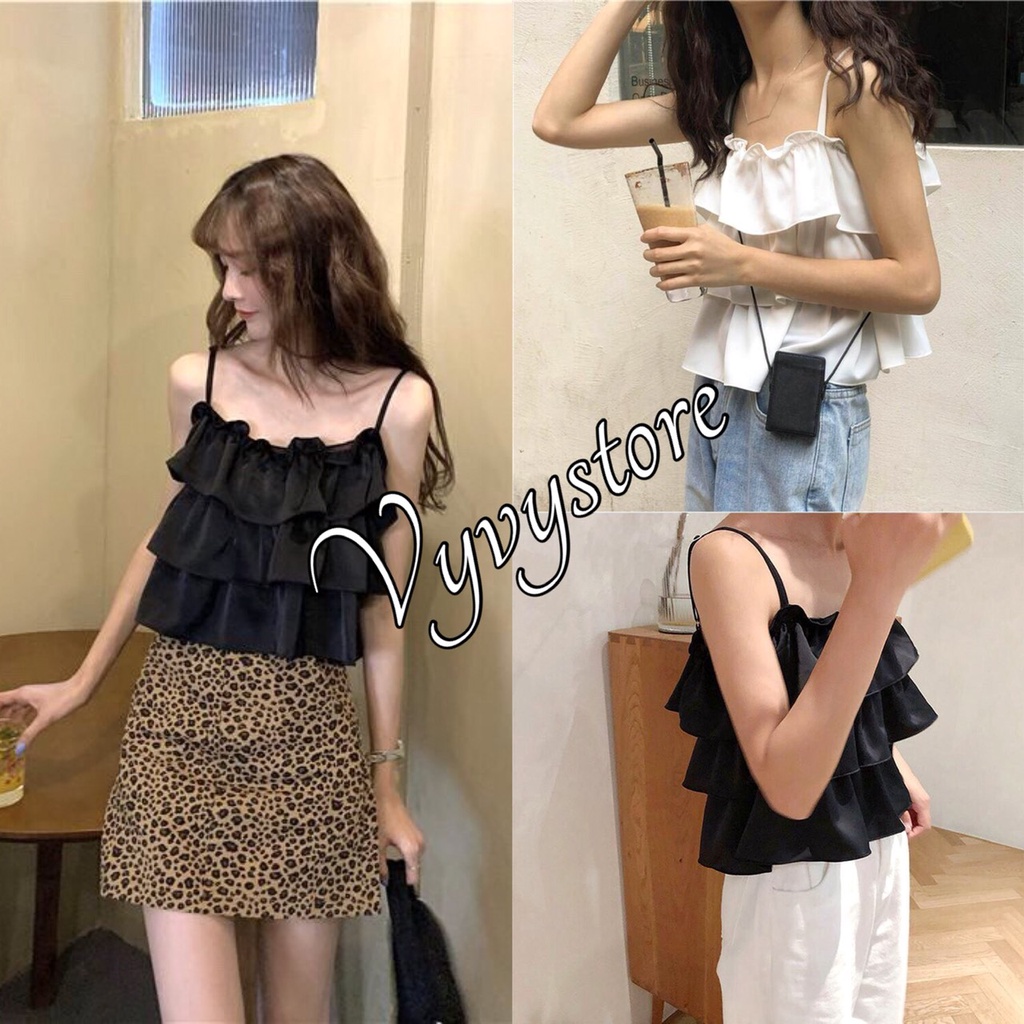 Áo 2 Dây Tầng Bồng , ? Vyvystore<FREESHIP>?,Croptop Kiểu Bánh Bèo Tiểu Thư, Áo 2 Màu TRẮNG ĐEN