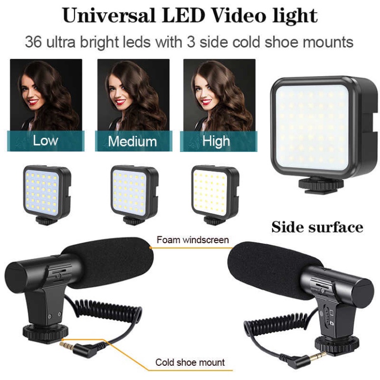 Bộ thiết bị Vlog cho điện thoại bao gồm mic thu âm và đèn LED  - Gậy quay phim, chụp ảnh, live stream 3 chân kèm micro