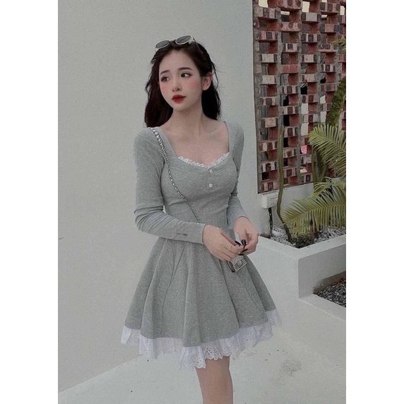 Đầm Nữ Tay Dài Tùng Xoè Phối Ren Hàng Đẹp Chuẩn Ảnh