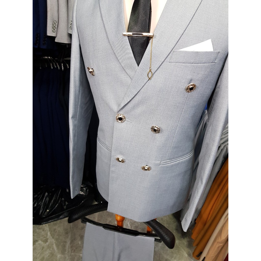 Combo Bộ vest nam ôm body màu xám ghi kiểu 6 nút + áo gile + combo phụ kiện