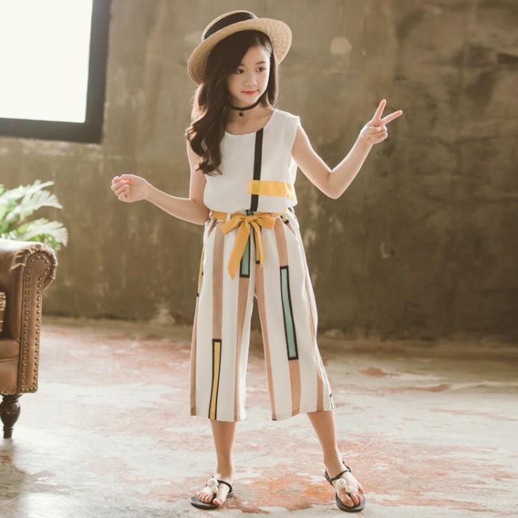✨CindyMom✨ Striped Bow Áo Sơ Mi Nữ Tay Ngắn + Bộ Quần ống Rộng, Quần Bé Gái Bộ Quần áo Cho Bé Gái 3 đến 14 Tuổi