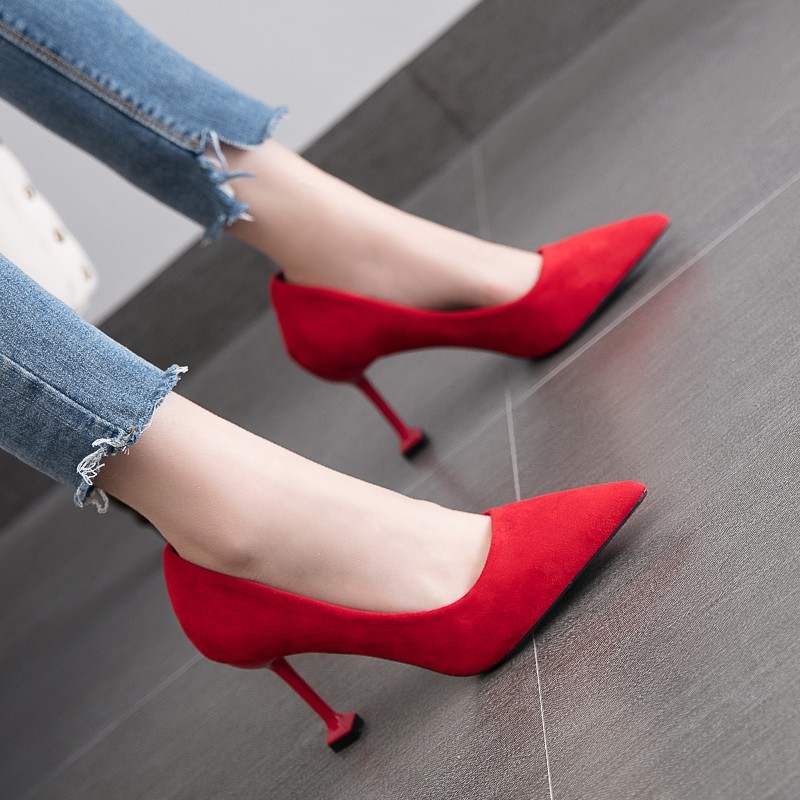 ▩Red Wedding Shoe Girl fine with 2018 new pointy shoes fashion high heels single shallow cat and female