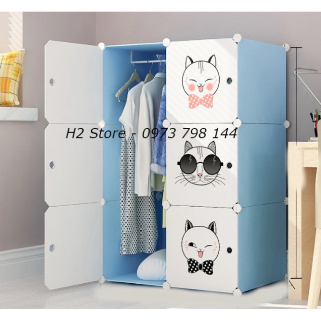 - (Nhiều màu)TỦ NHỰA LẮP GHÉP ĐA NĂNG ĐỂ QUẦN ÁO 6 Ô HÌNH MÈO MŨ IN NGỘ NGHĨNH