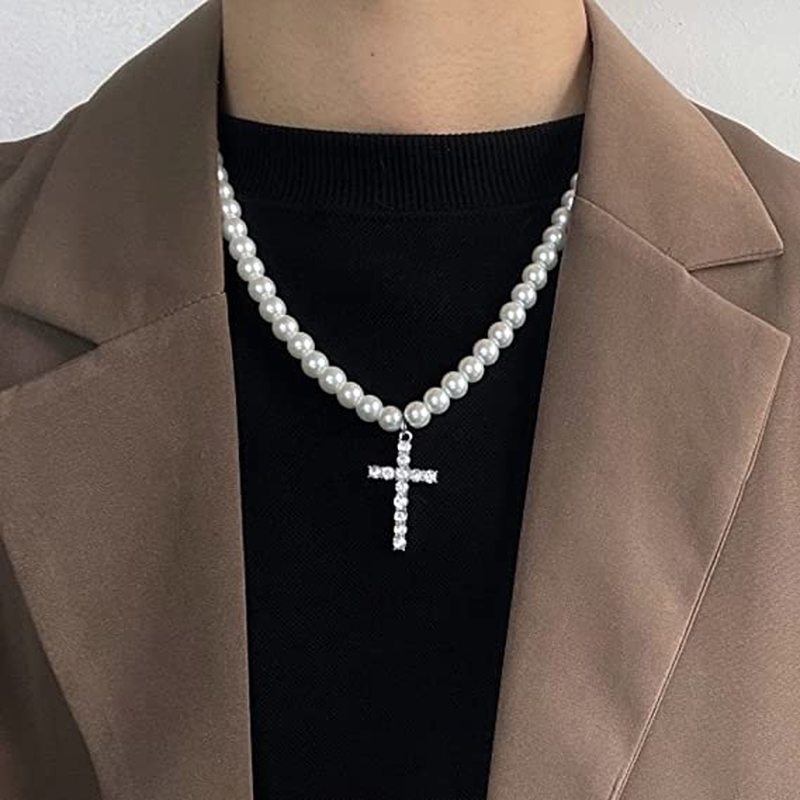 Vòng cổ Chuỗi Ngọc Trai Mặt Thánh Giá Phong Cách Hip Hop Cho Nam Và Nữ