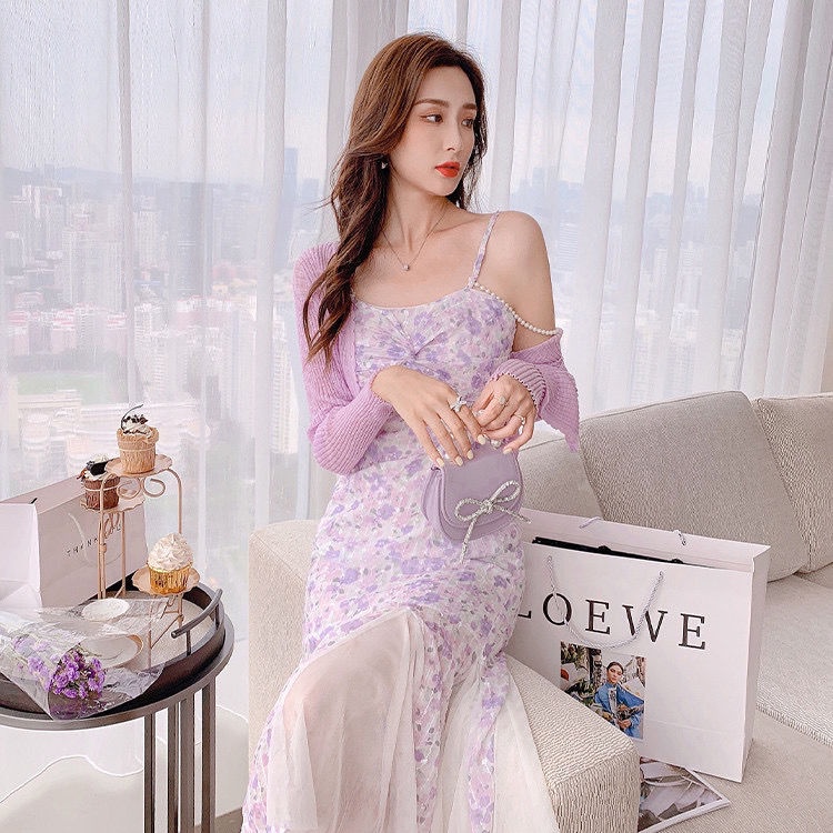 2021 new skirt French design sense of minority wear fishtail purple broken flower suspender dress for women in summer
