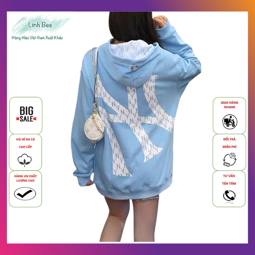 Áo nỉ MLB unisex dài tay nữ cao cấp in cao su nổi,form rộng,áo phông nỉ sweater có mũ màu trắng,xanh