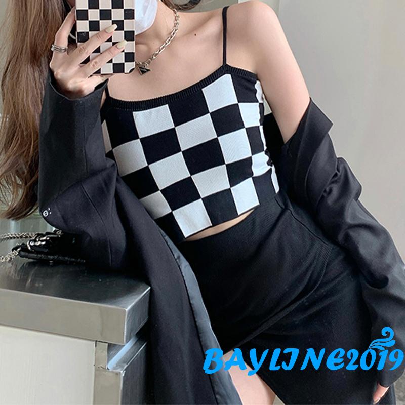 Áo lửng hai dây họa tiết kẻ ô vuông màu nâu/đen thời trang cho nữ