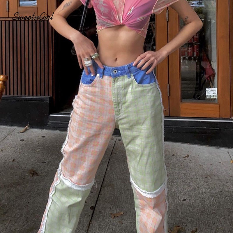 Quần Jean Dài Lưng Cao Dáng Ôm Phối Màu Tương Phản Thời Trang Cho Nữ