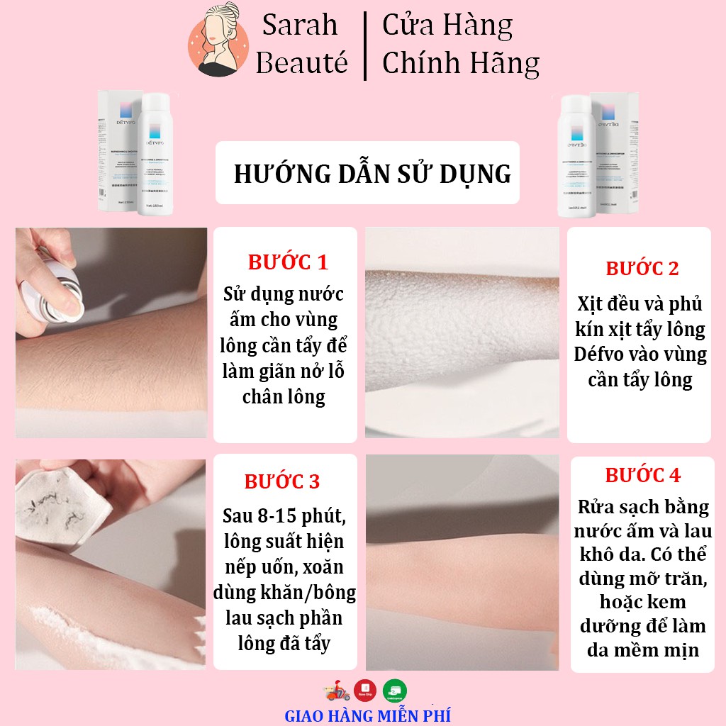 Xịt tẩy lông DETVFO không đau, Lành Tính Dịu Nhẹ, Kem tẩy lông nách, tay, chân, lưng 150ml - Sarah Beaute MP05