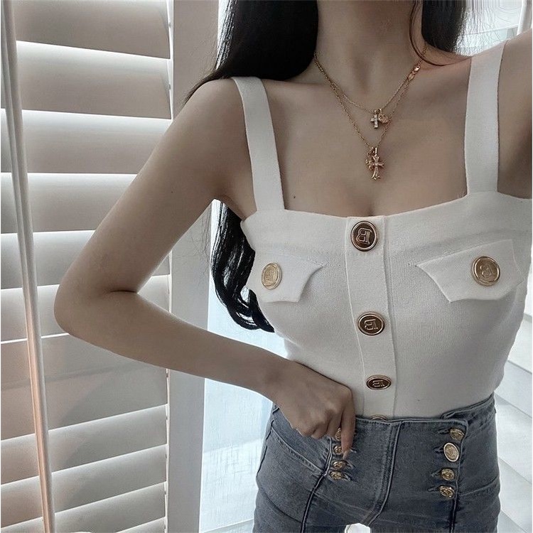 Áo hai dây dệt kim in chữ phong cách mới cho n