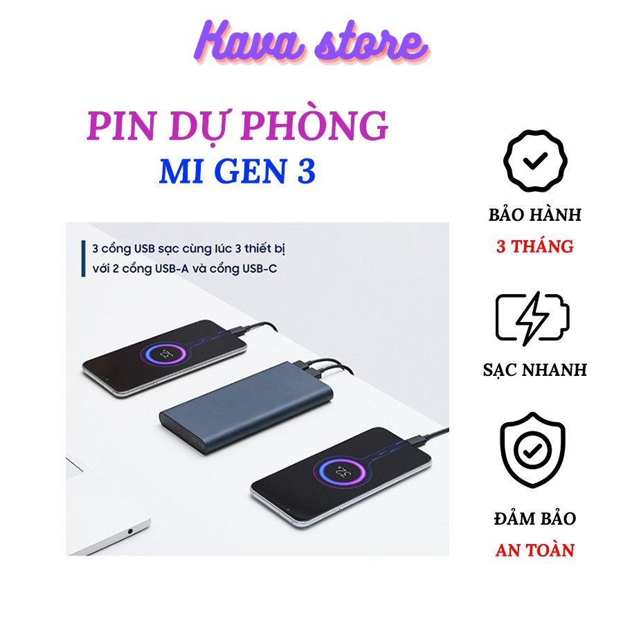 Pin dự phòng Mi Gen 3 Kava Store Dung lượng 10000mah, sạc siêu nhanh, an toàn cho pin điện thoại