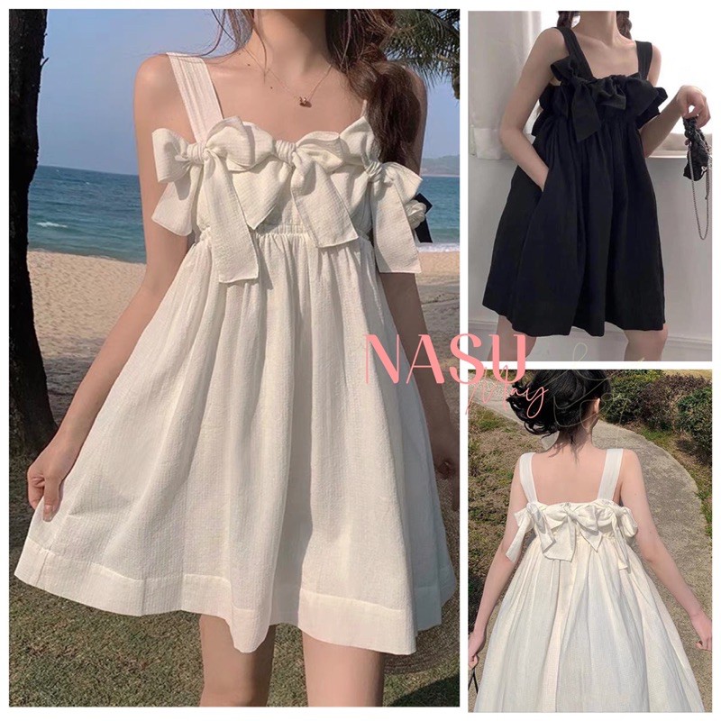 Đầm Nữ 2 Dây Babydoll Buộc NƠ Váy Hai Dây Công Chúa Bánh Bèo Đen Trắng - Loại Đẹp | BigBuy360 - bigbuy360.vn