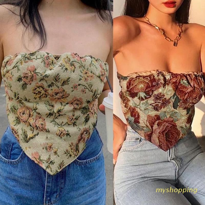 Áo crop top hai dây hở lưng in hoa gợi cảm cho nữ