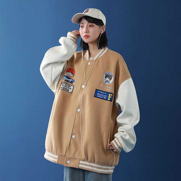 Áo Khoác Bomber Jacket Nỉ Bông Unisex Nam Nữ in Baby F Phong Cách Hàn Quốc Hot Trend 2021