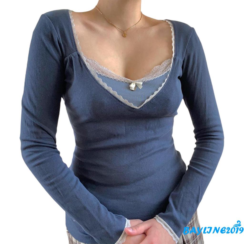 Áo Thun Nữ Dài Tay Phối Ren Ôm Dáng Phong Cách Đường Phố