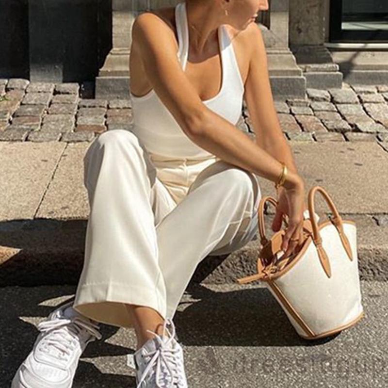 Áo croptop cổ yếm hở lưng dáng ôm không tay màu trơn kiểu mùa hè cho nữ