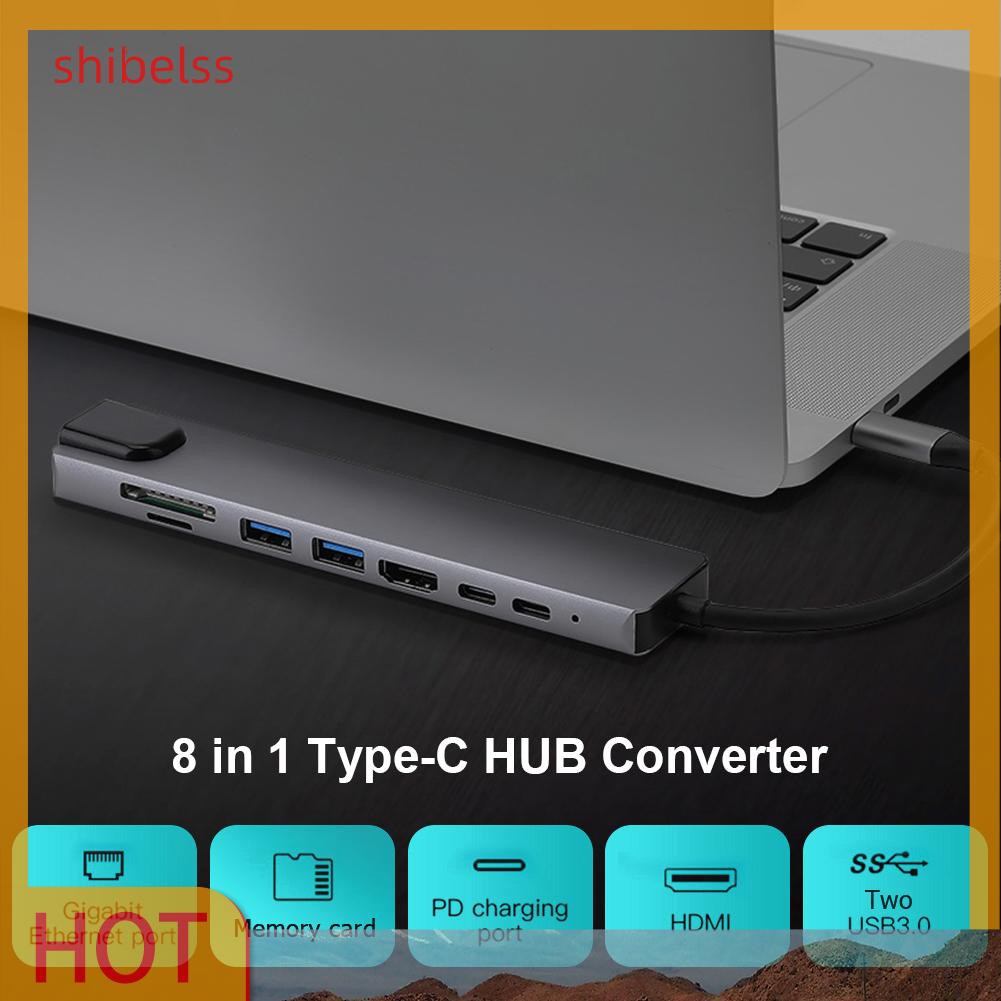 （ʚshibelss）8 in 1 Type-C HUB Converter 4K HDMI 2 USB3.0 USB C PD SD/TF RJ45 Adapter