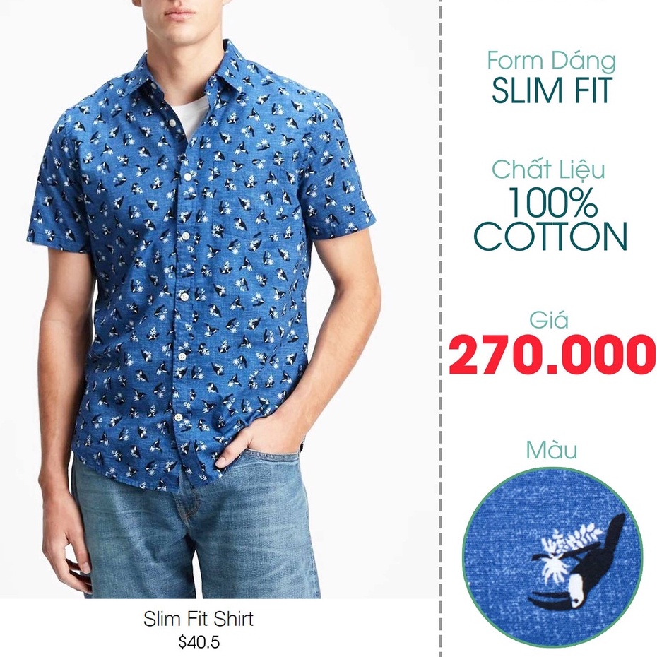 Áo Sơ Mi Nam Tay Ngắn Màu Xanh Họa Tiết Chim - FO76 Shop - SMG21109C