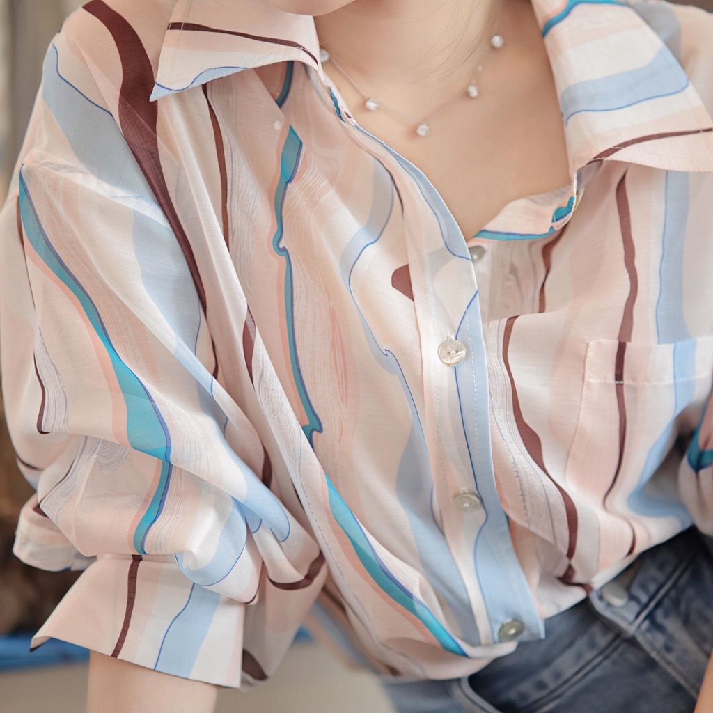Áo Sơ Mi Cổ Bẻ In Họa Tiết Kẻ Sọc Thời Trang Mùa Thu