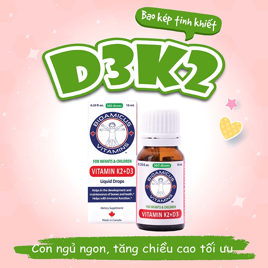 Vitamin D3K2-MK7 BIOAMICUS Bao Kép 10ml, Chống Còi Xương, Giúp Bé Tăng Chiều Cao Tối Đa