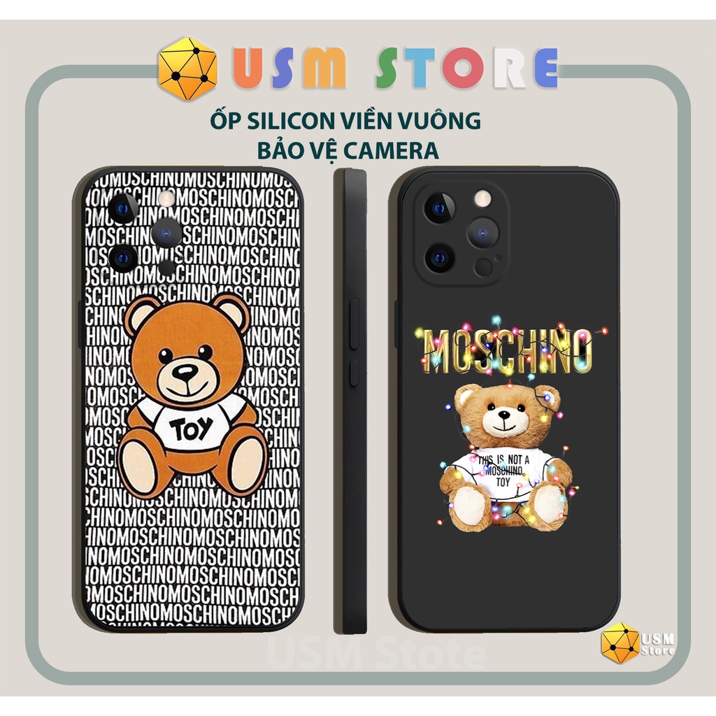 Ốp lưng iphone X/XR/XSmax/11/11Pro/11Promax/12/12Mini/12Pro/12Promax/13/13Promax viền bảo vệ cam sau, hình gấu Moschino