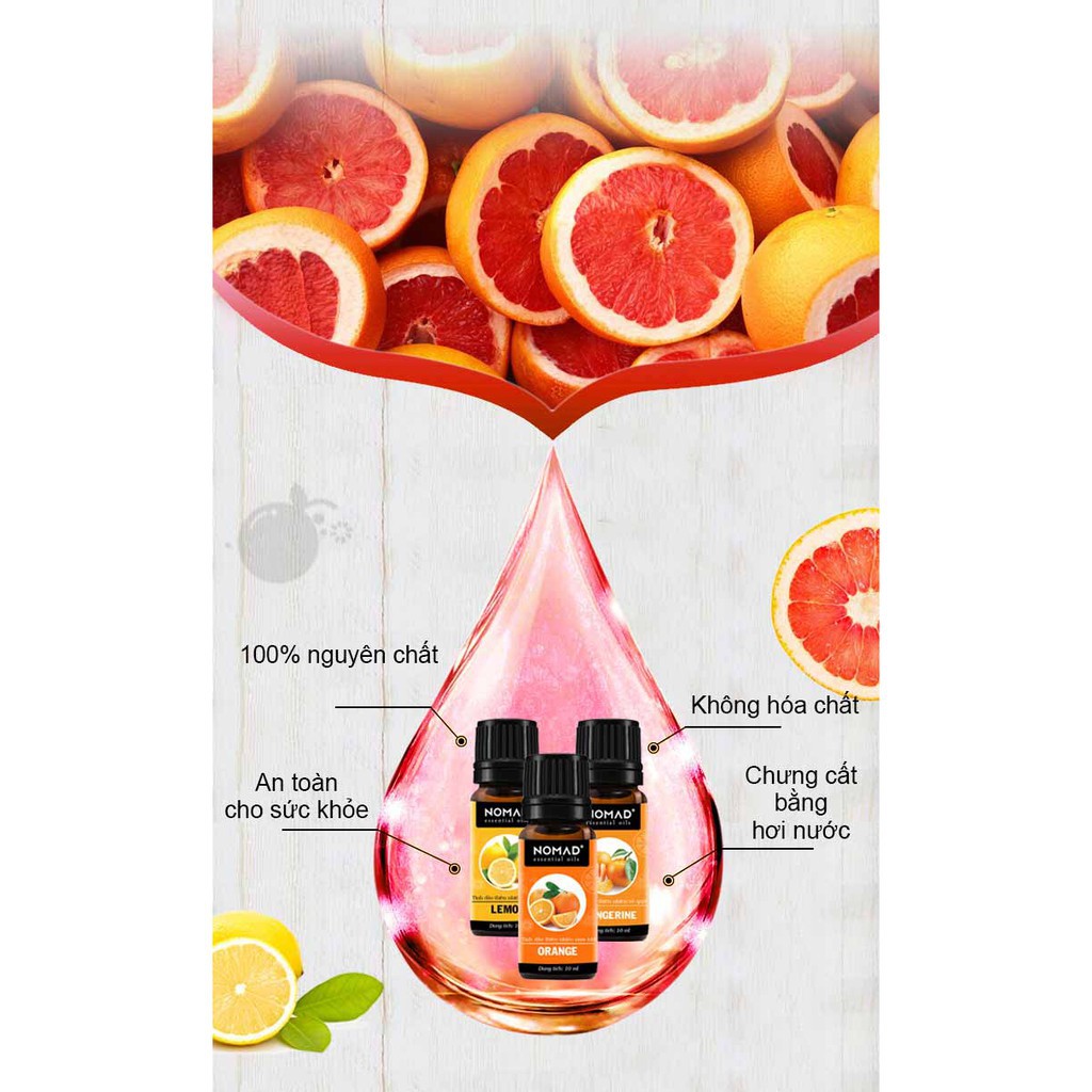 Combo 3 Tinh Dầu Nguyên Chất Nomad: Vỏ Cam (10ml) + Vỏ Chanh (10ml) + Vỏ Quýt (10ml)