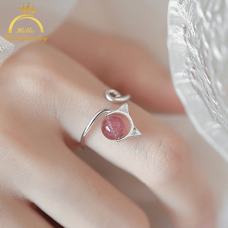 Ahellogirl Nhẫn dạng hở thời trang nữ đính đá pha lê màu bạc kiểu dáng mèo con
