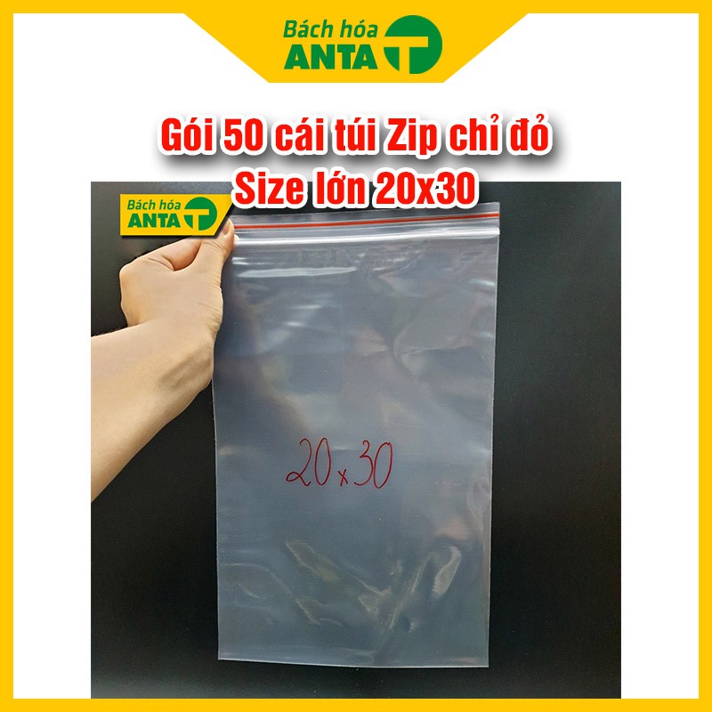 Gói 50 cái túi zip chỉ đỏ size lớn 20x30 loại dày đẹp  - Túi vuốt mép đựng thực phẩm, phụ kiện lớn